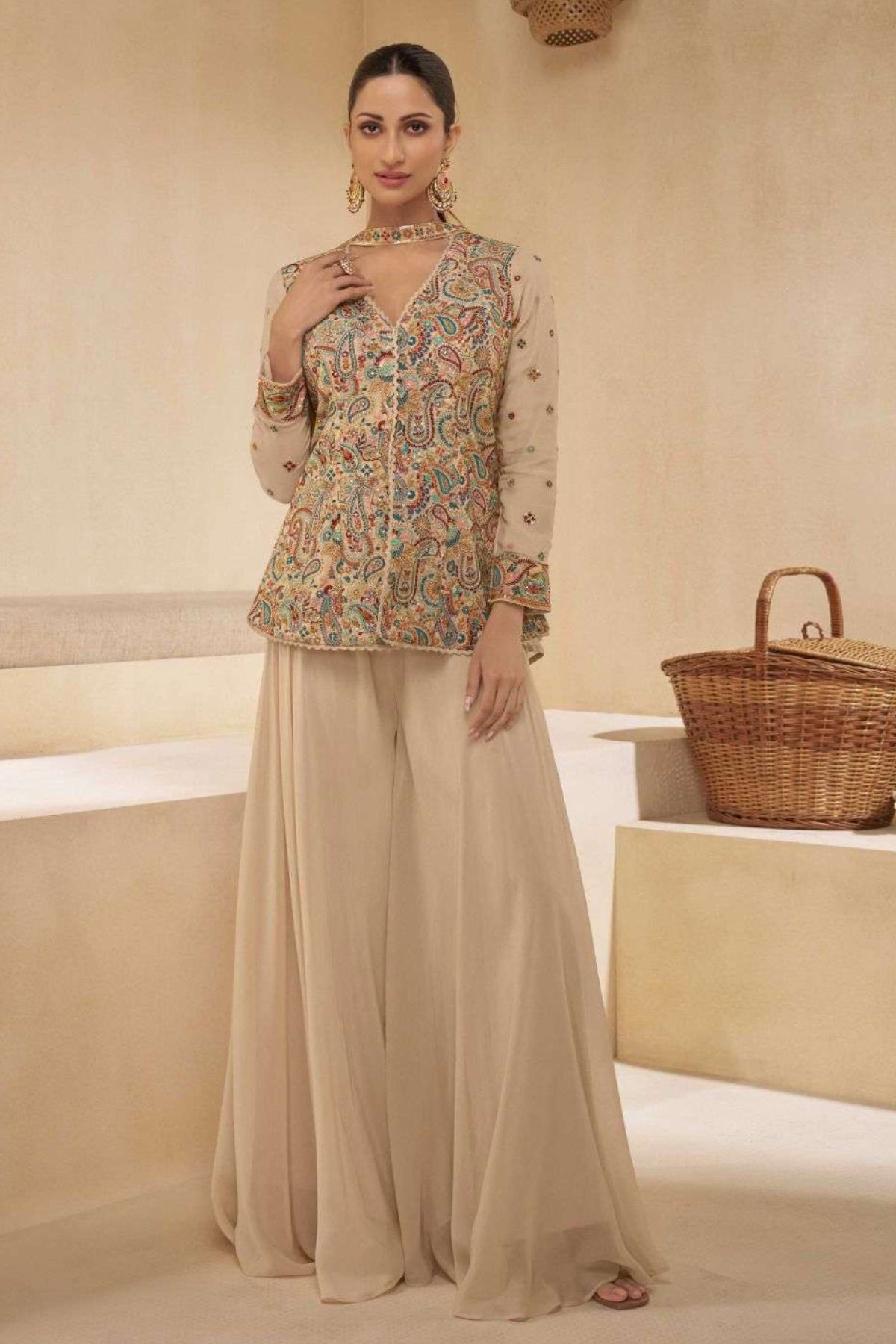 Beige Georgette Embroidered Jacket Style Kurta Palazzo Set