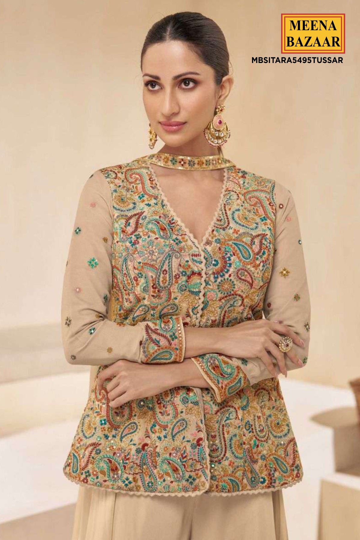 Beige Georgette Embroidered Jacket Style Kurta Palazzo Set