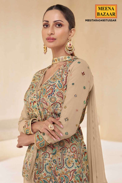 Beige Georgette Embroidered Jacket Style Kurta Palazzo Set