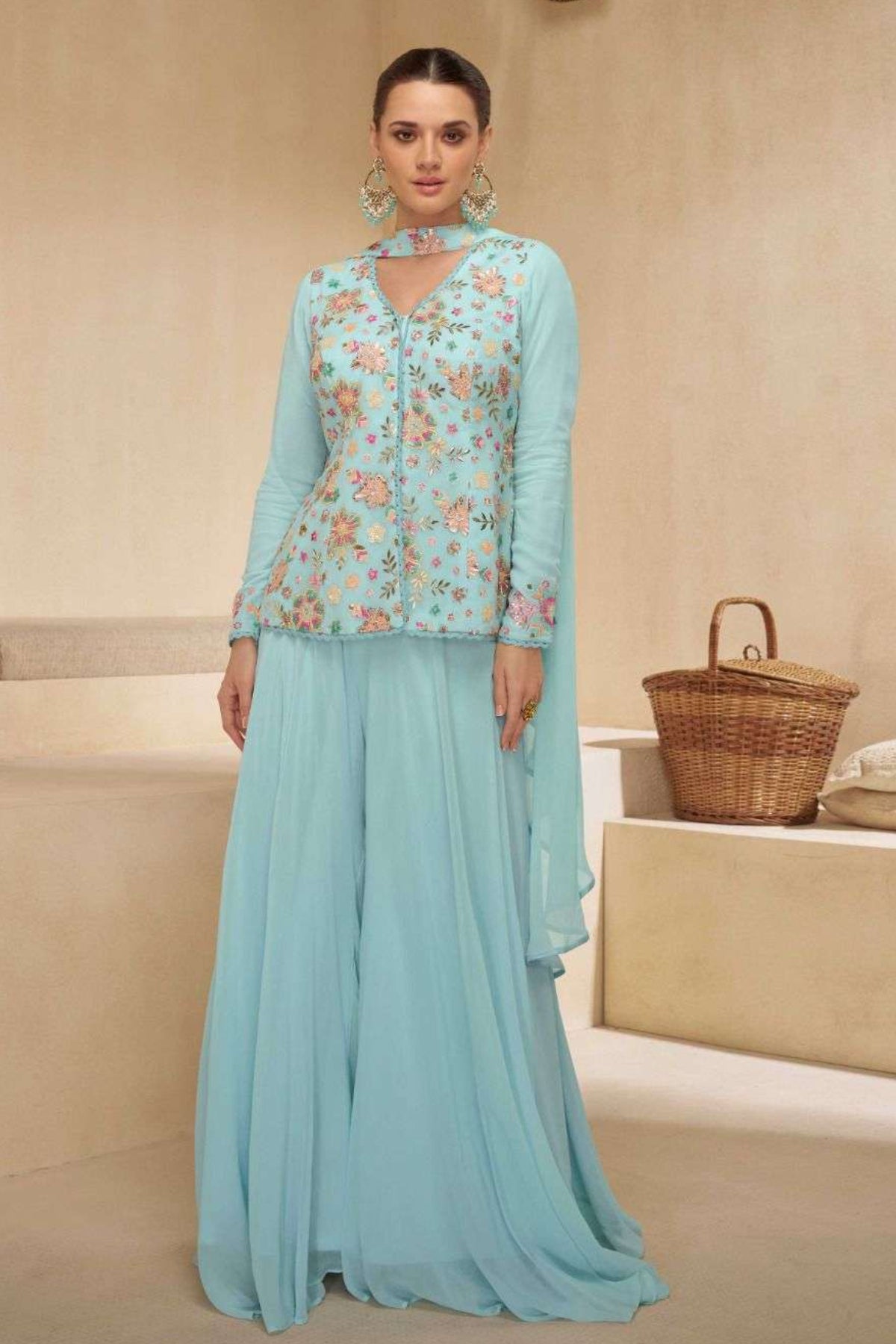 Sky Blue Georgette Embroidered Jacket Style Kurta Palazzo Set