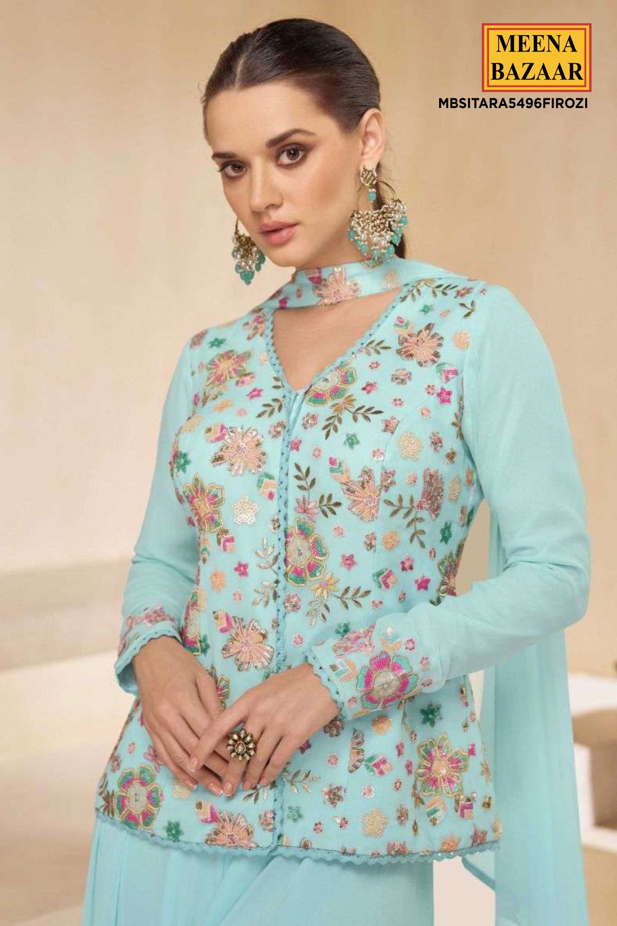 Sky Blue Georgette Embroidered Jacket Style Kurta Palazzo Set