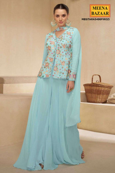 Sky Blue Georgette Embroidered Jacket Style Kurta Palazzo Set