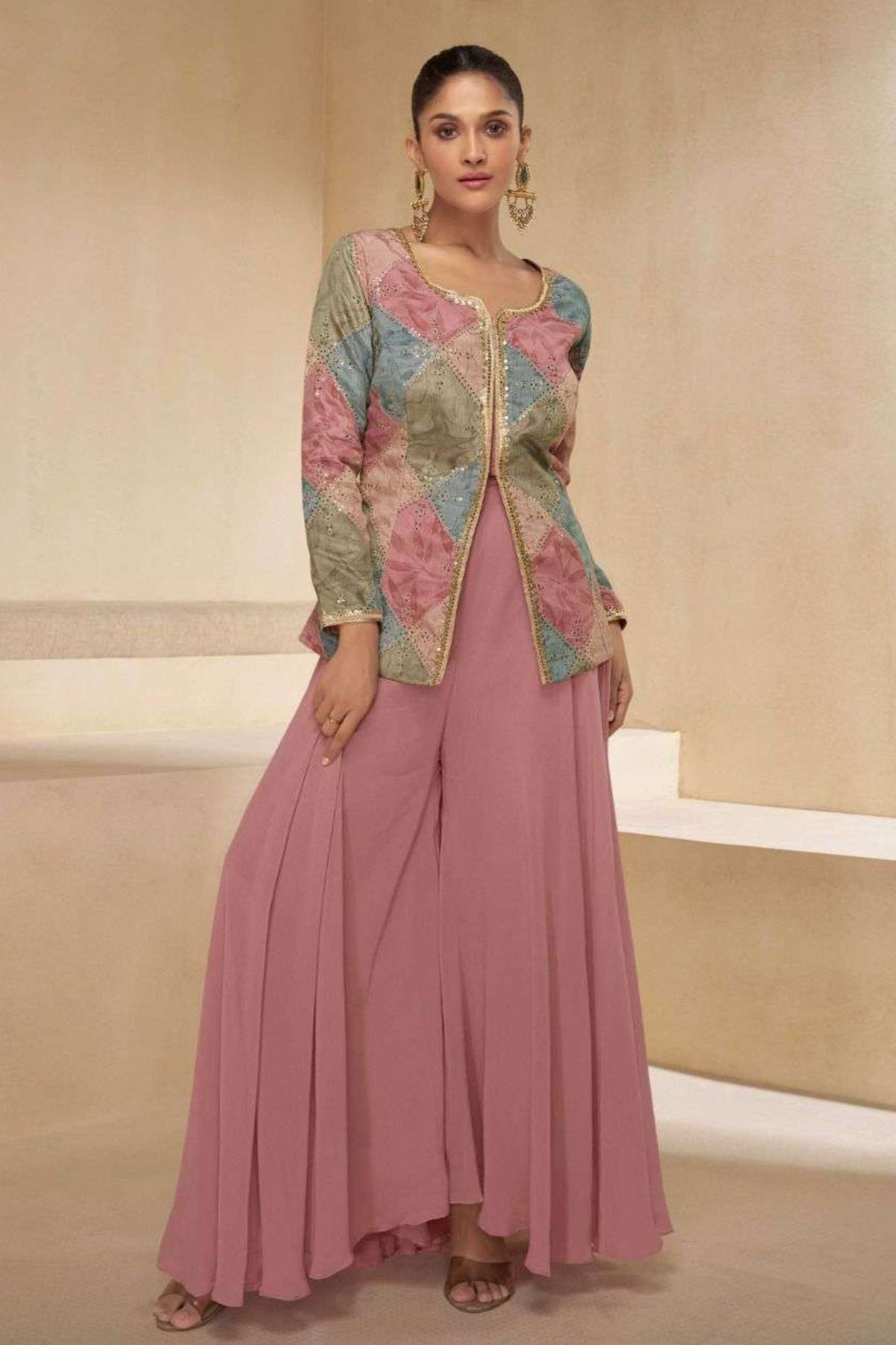 Light Gajari Georgette Embroidered Jacket Style Kurta Palazzo Set