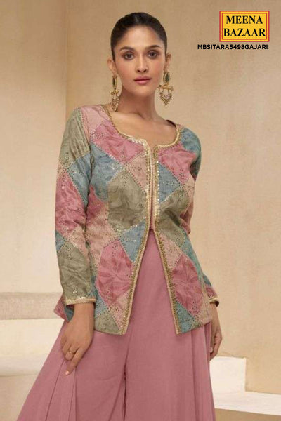 Light Gajari Georgette Embroidered Jacket Style Kurta Palazzo Set