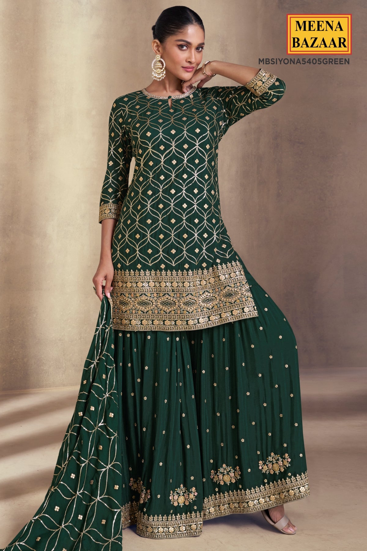 Green Georgette Embroidered Sharara Suit