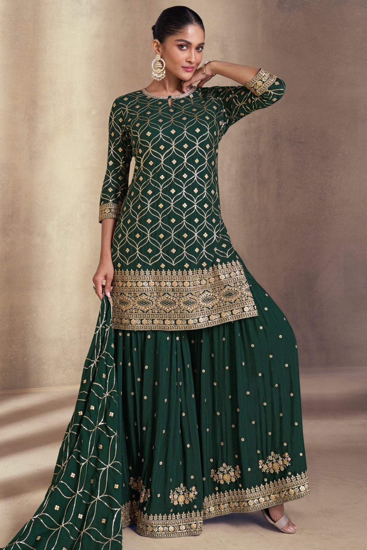 Green Georgette Embroidered Sharara Suit