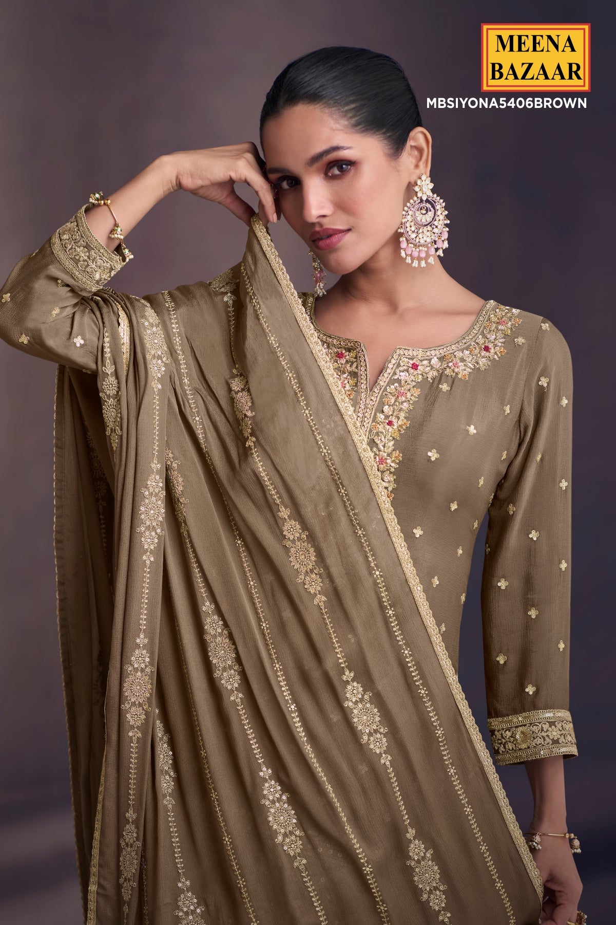 Brown Georgette Embroidered Sharara Suit