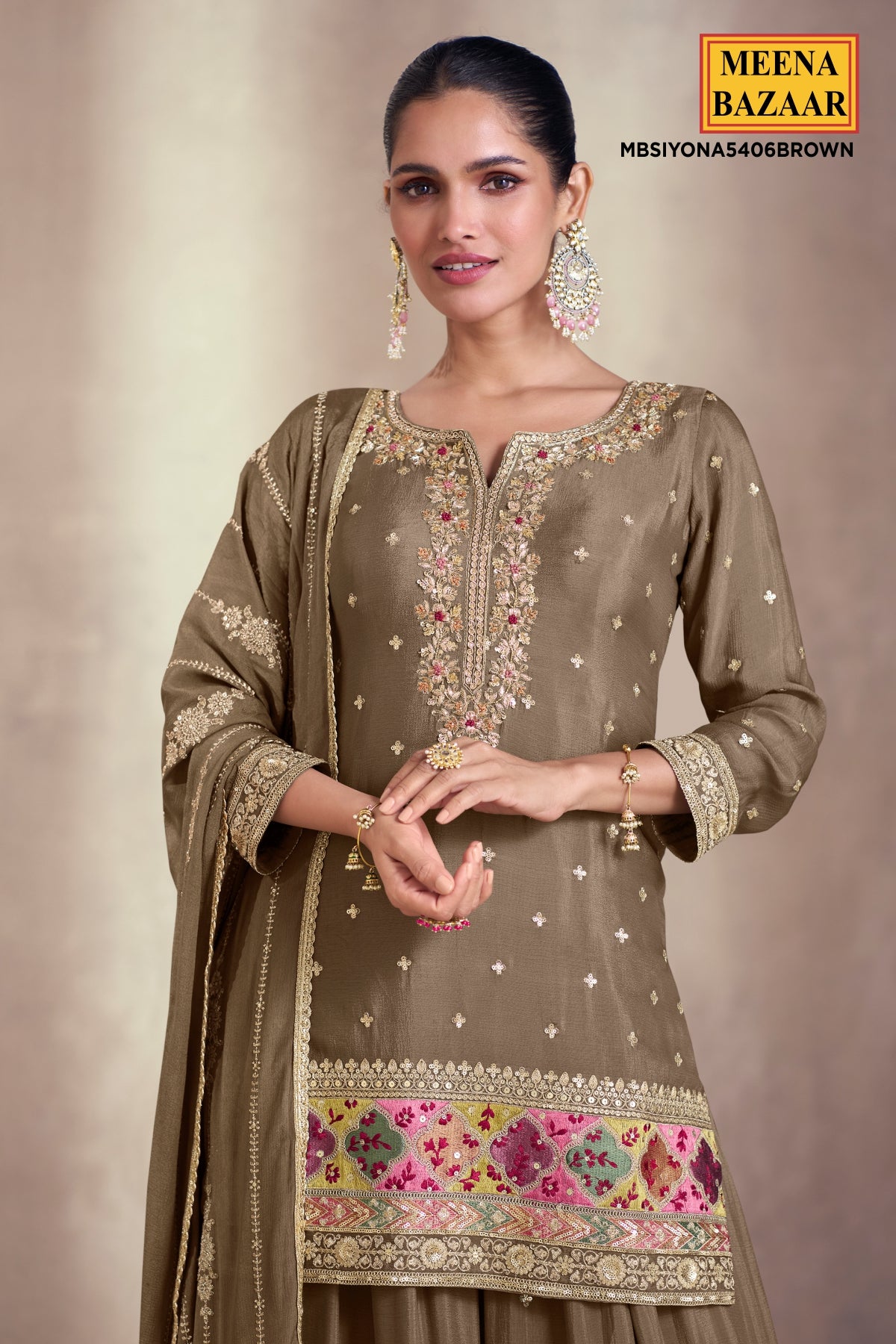 Brown Georgette Embroidered Sharara Suit