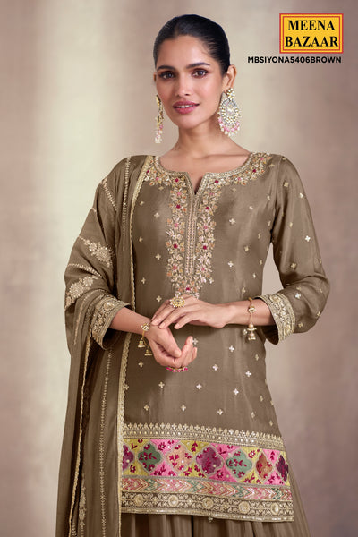 Brown Georgette Embroidered Sharara Suit