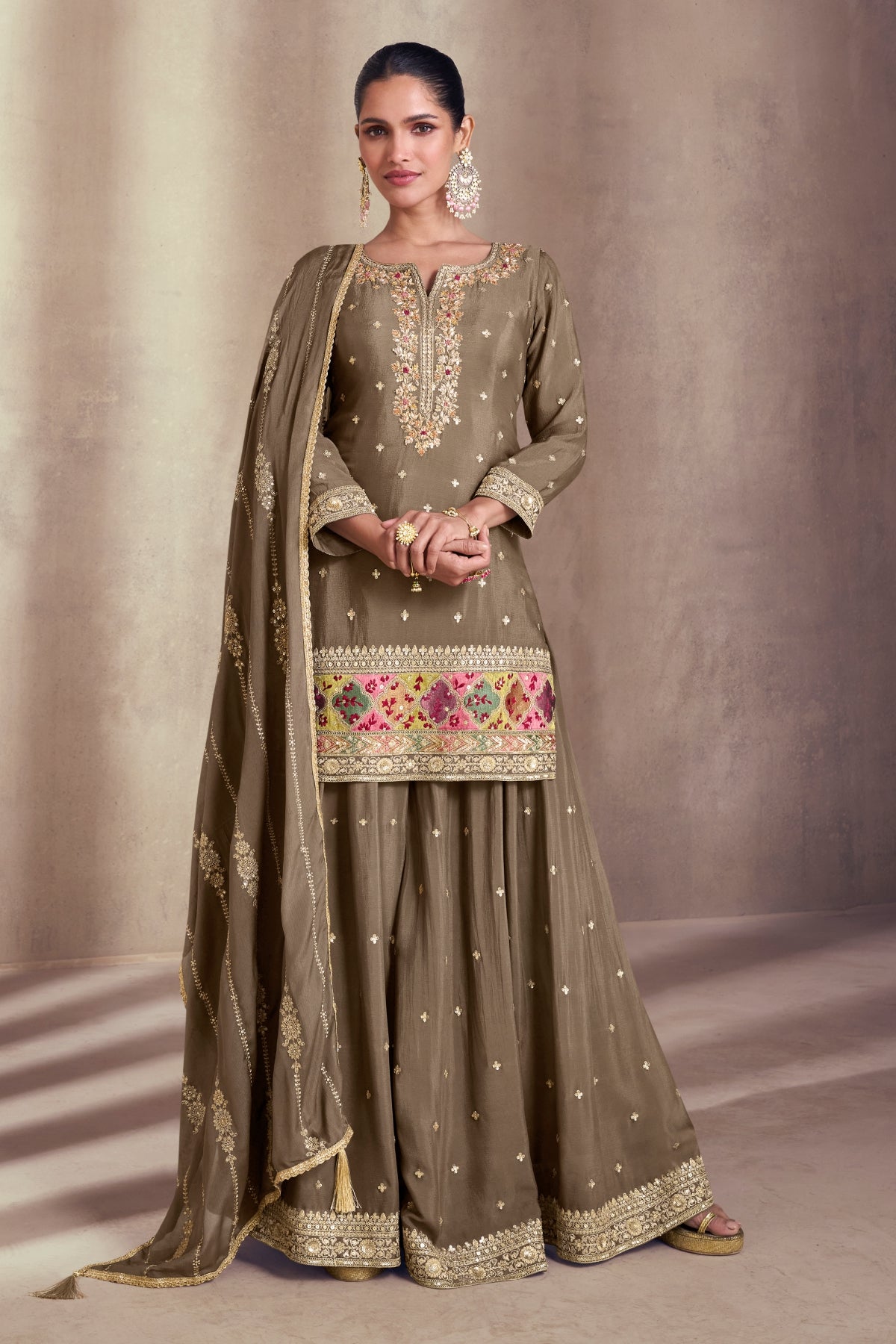 Brown Georgette Embroidered Sharara Suit