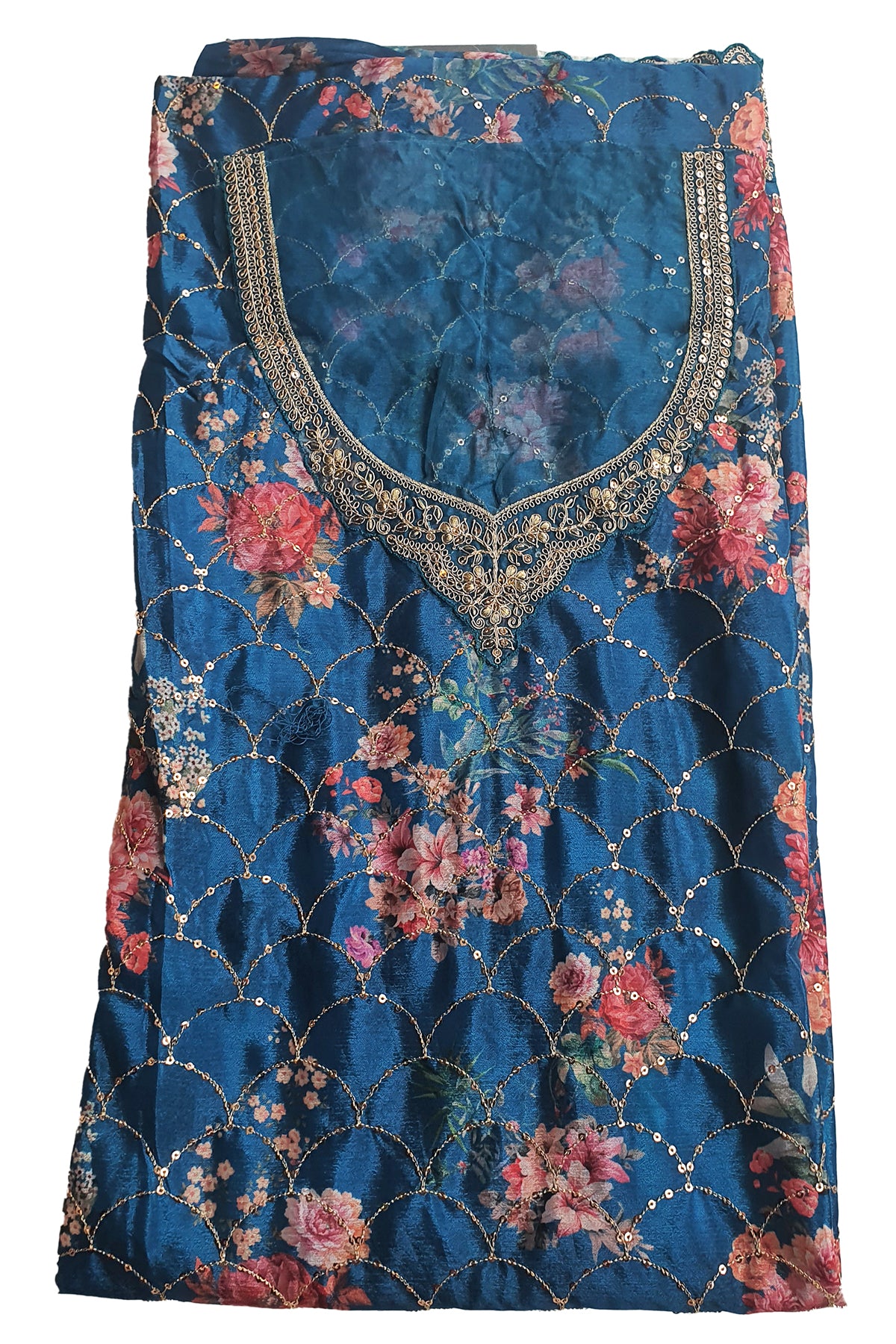 Blue Crepe Floral Printed Sequins and Zari Embroidered Suit Set