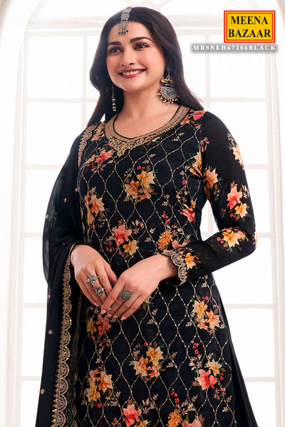Black Crepe Floral Printed Sequins and Zari Embroidered Suit Set