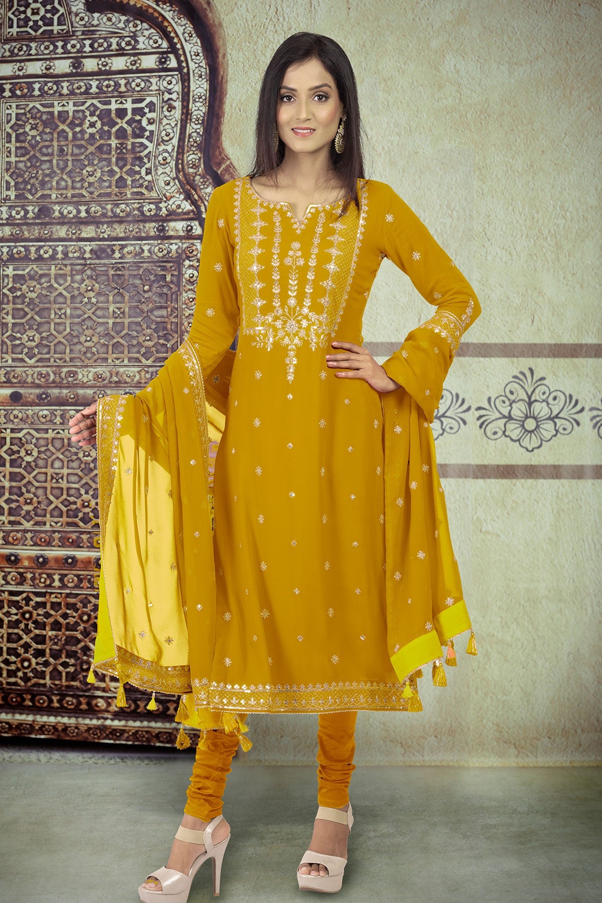 Mustard Sequin Georgette Suit Set