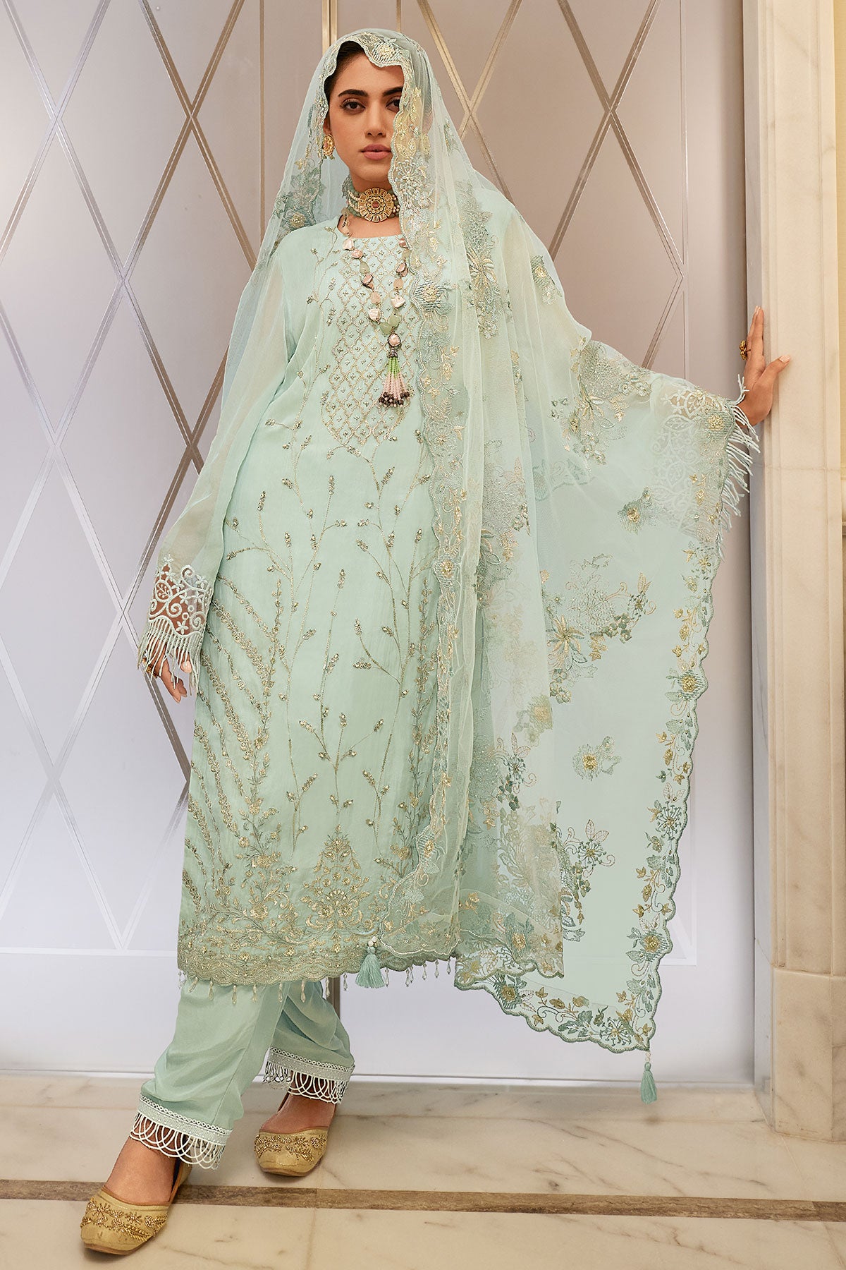 Sea Green Organza Beads Zari and Sequins Embroidered Suit Set