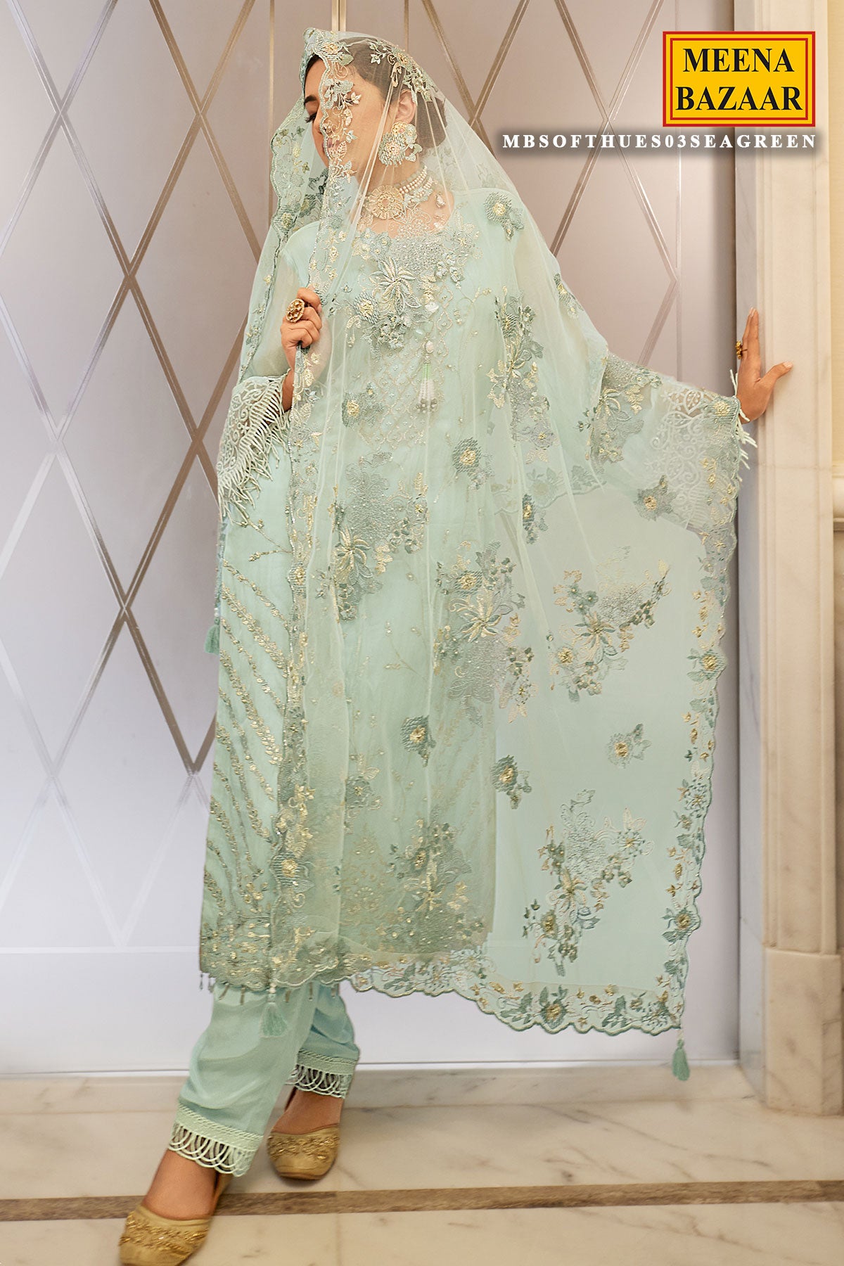 Sea Green Organza Beads Zari and Sequins Embroidered Suit Set