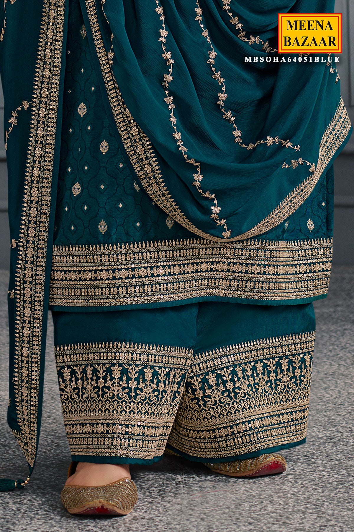 Blue Blended Silk Zari Woven Suit Set