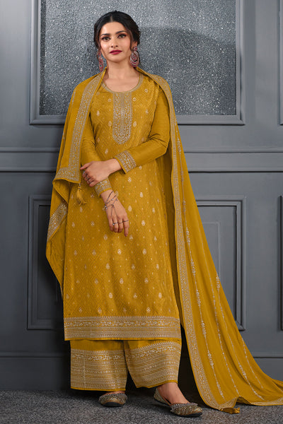 Mustard Blended Silk Zari Woven Suit Set