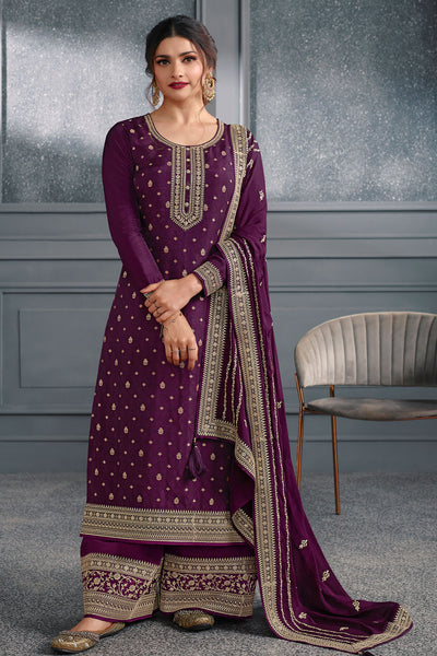Purple Blended Silk Zari Woven Suit Set