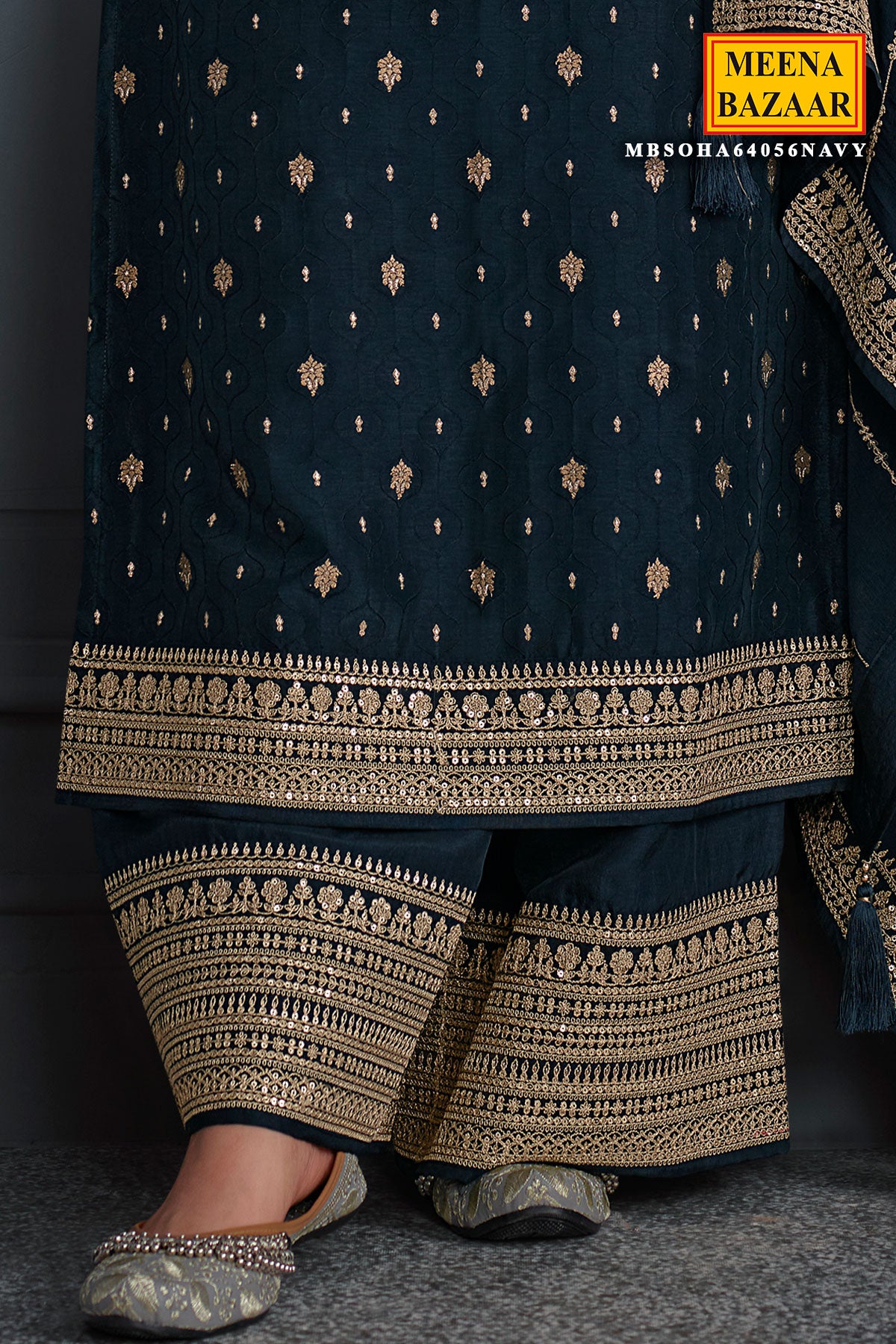 Navy Blended Silk Zari Woven Suit Set