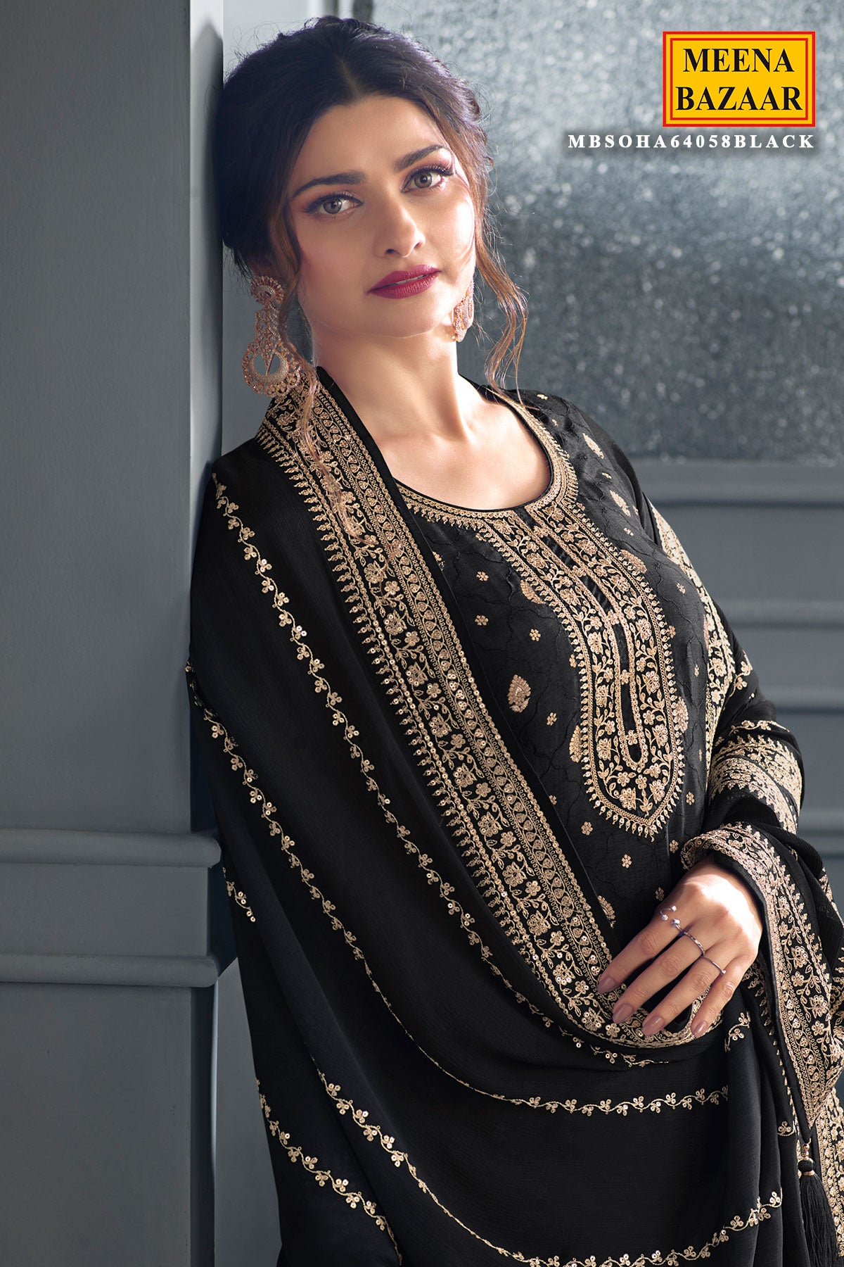 Black Blended Silk Zari Woven Suit Set
