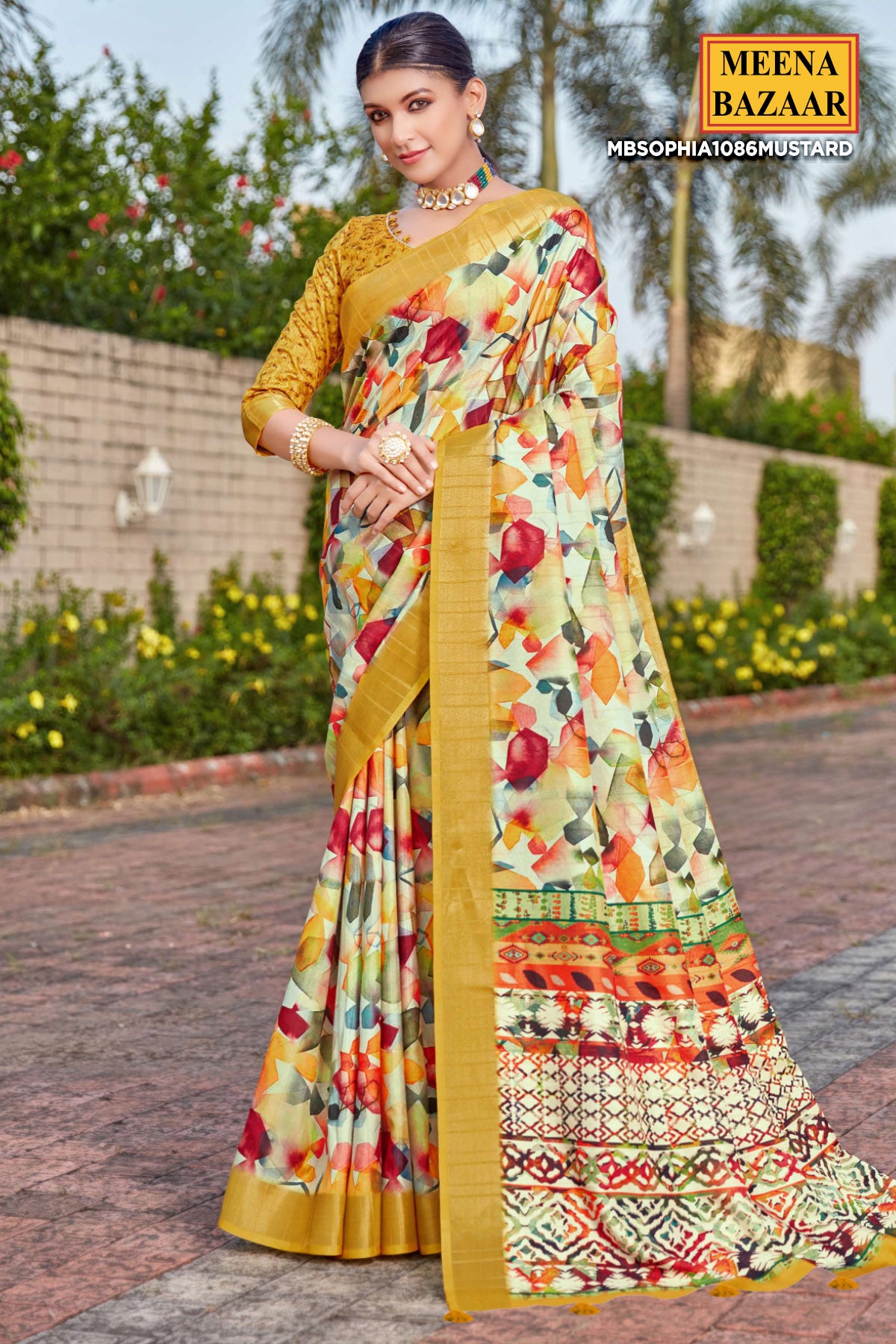 Mustard Blended Cotton Abstract Printed Saree