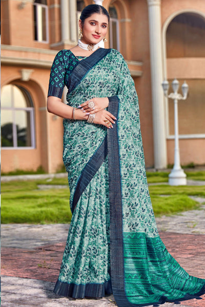 Grey-Blue Blended Cotton Leafy Printed Saree
