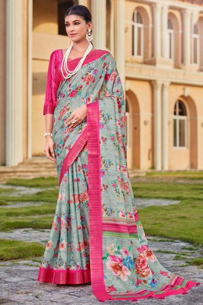 Sea Green Blended Cotton Floral Printed Saree