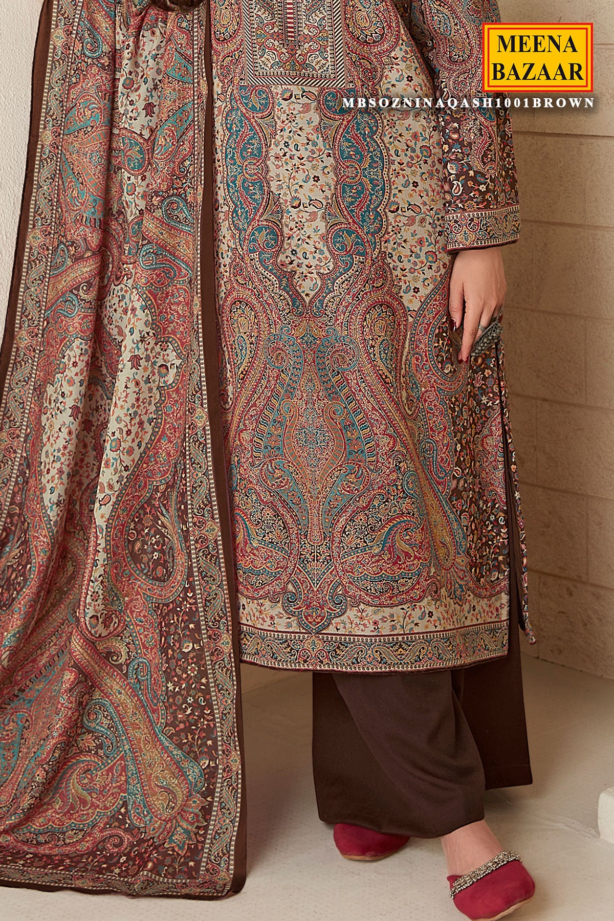 Brown Woven Pashmina Silk Suit Set