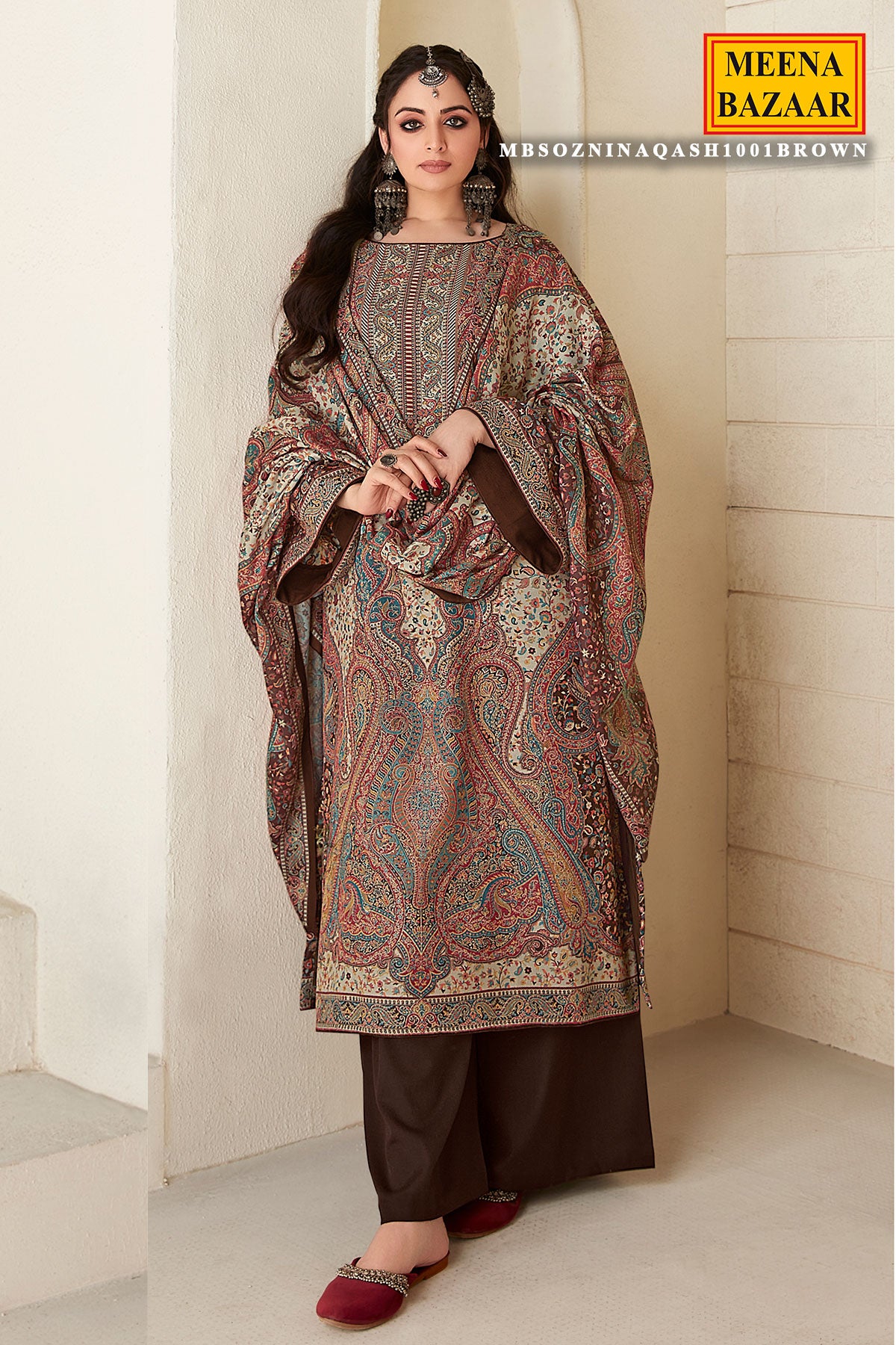 Brown Woven Pashmina Silk Suit Set