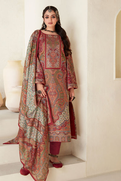 Maroon Woven Pashmina Silk Suit Set