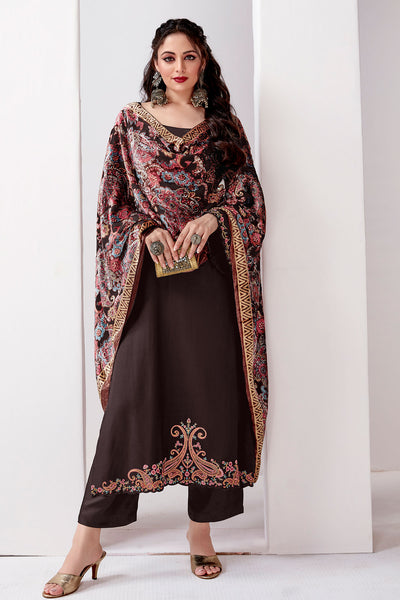 Brown Modal Wool Resham Thread Embroidered Suit Set