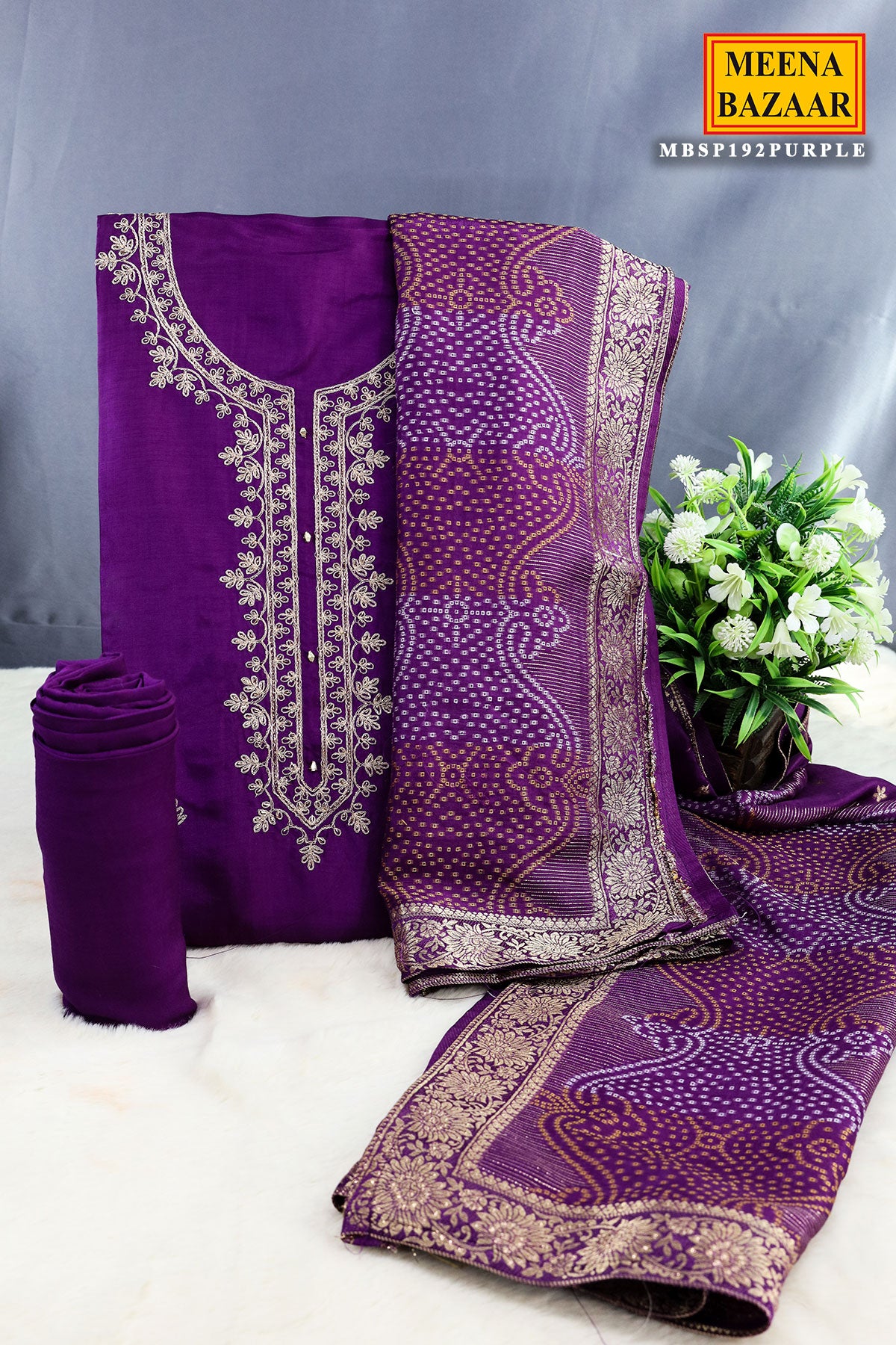 Purple Silk Zari Sequin Embroidered Unstitched Suit Set