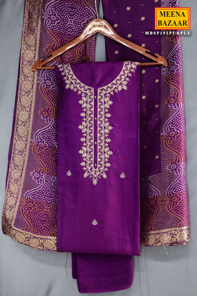 Purple Silk Zari Sequin Embroidered Unstitched Suit Set