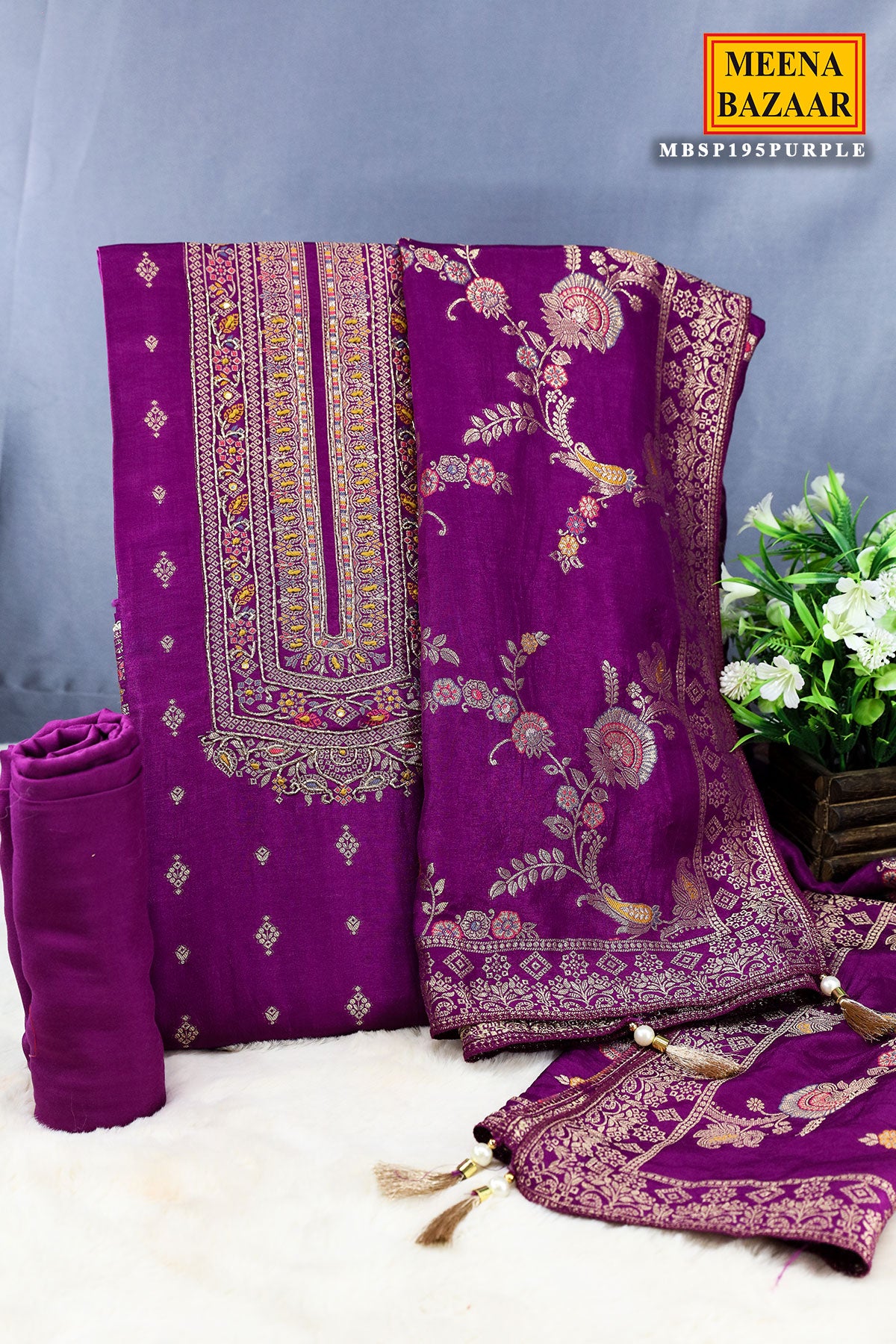 Purple Silk Zari Cut-Dana Embroidered Suit Set