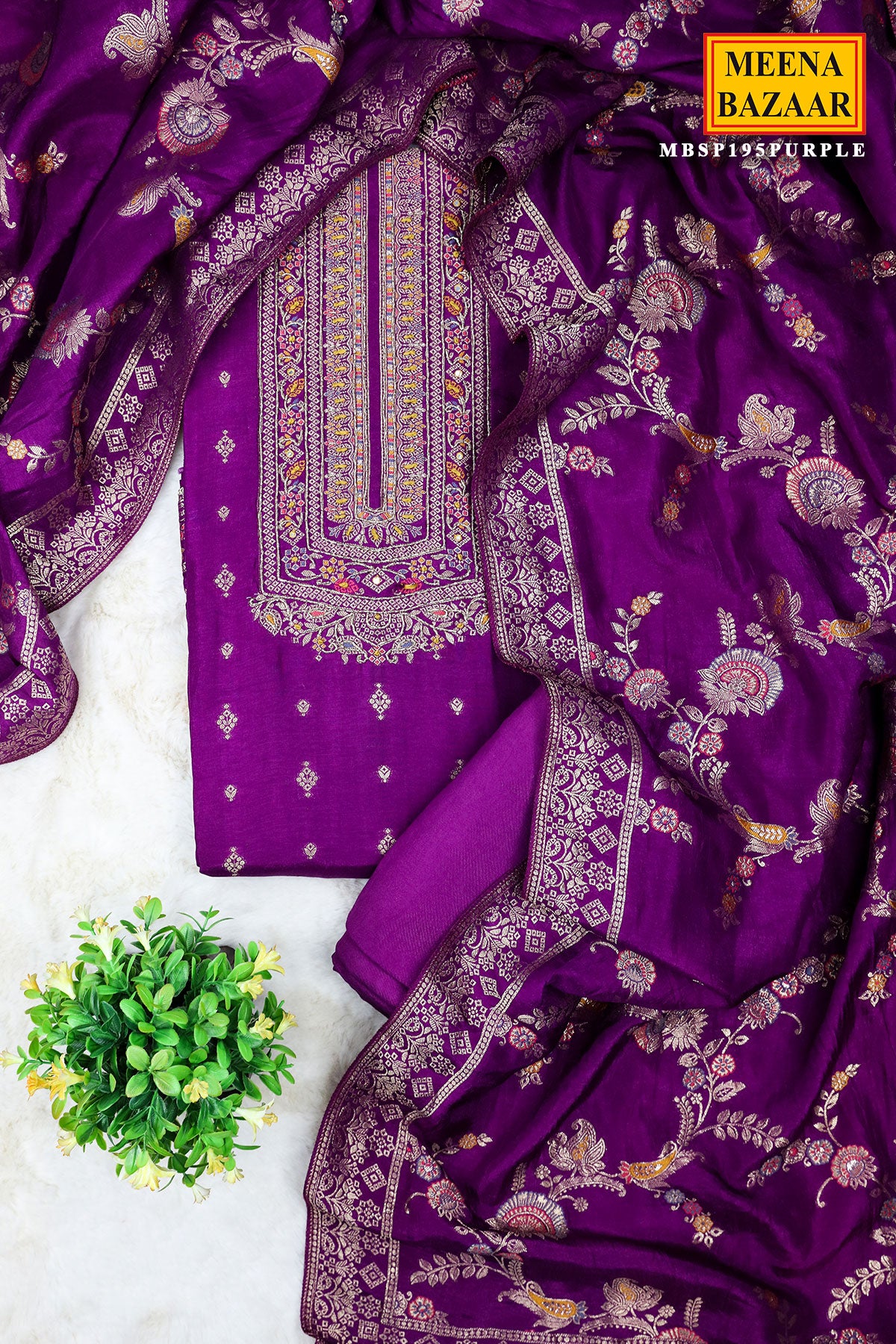 Purple Silk Zari Cut-Dana Embroidered Suit Set