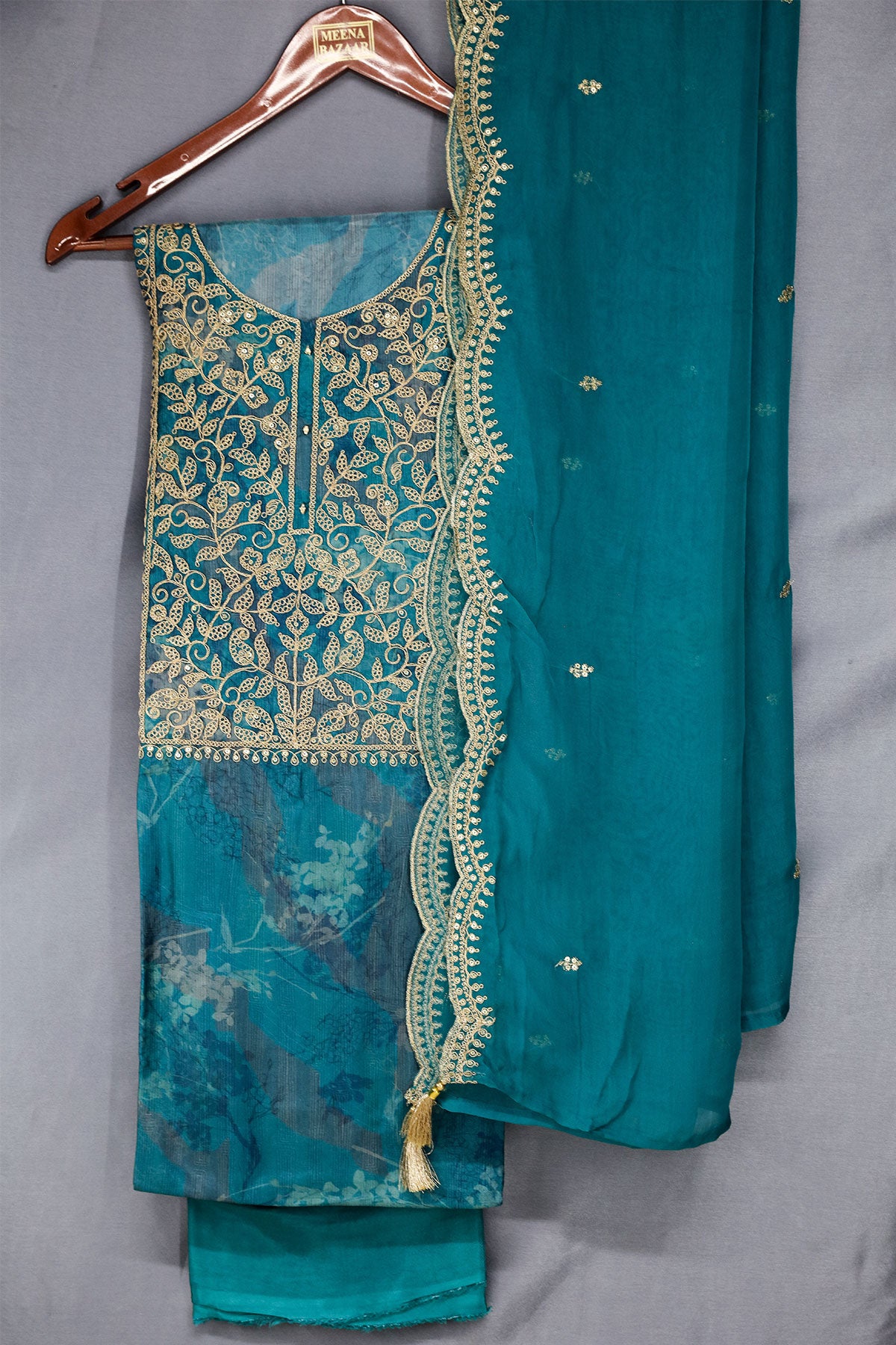 Teal Blue Silk Floral Zari Embroidered Unstitched Suit