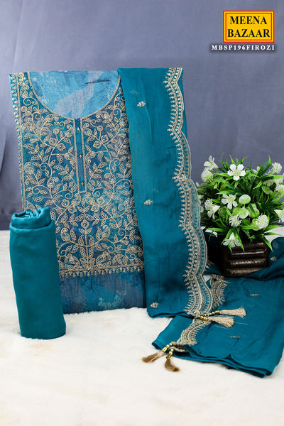 Teal Blue Silk Floral Zari Embroidered Unstitched Suit