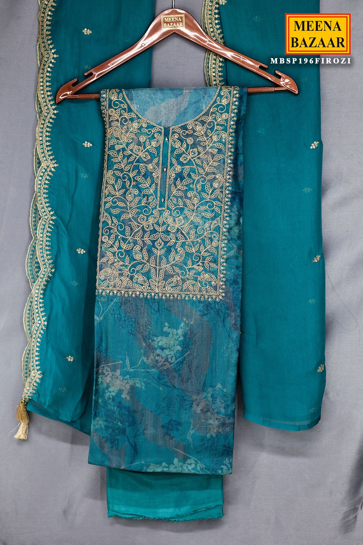 Teal Blue Silk Floral Zari Embroidered Unstitched Suit