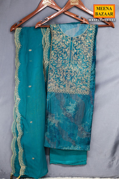 Teal Blue Silk Floral Zari Embroidered Unstitched Suit