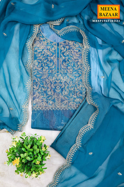 Teal Blue Silk Floral Zari Embroidered Unstitched Suit