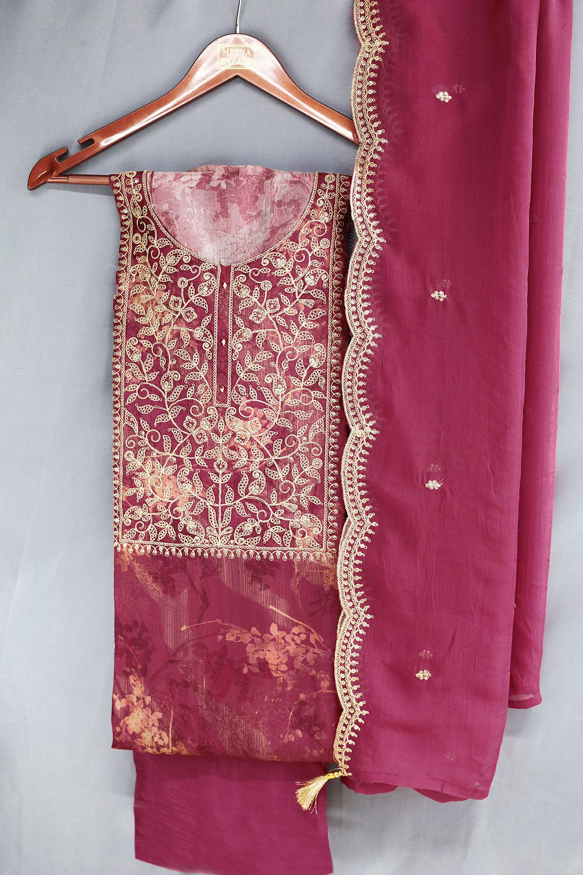 Maroon Silk Floral Zari Embroidered Unstitched Suit