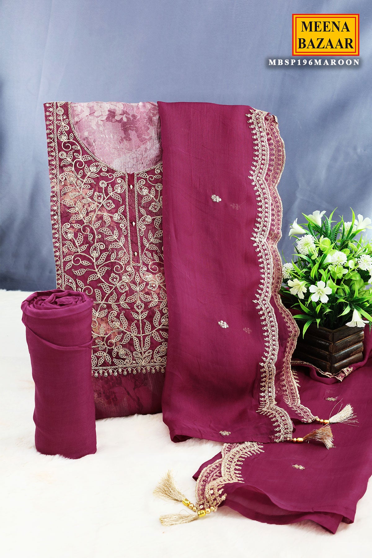 Maroon Silk Floral Zari Embroidered Unstitched Suit