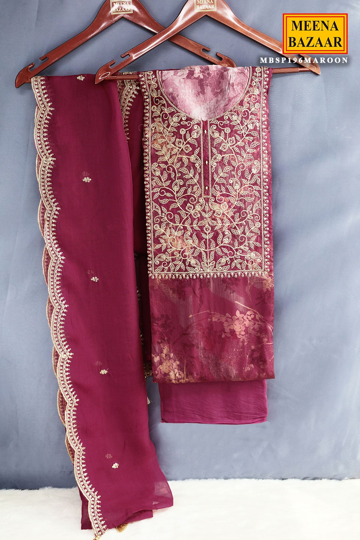 Maroon Silk Floral Zari Embroidered Unstitched Suit