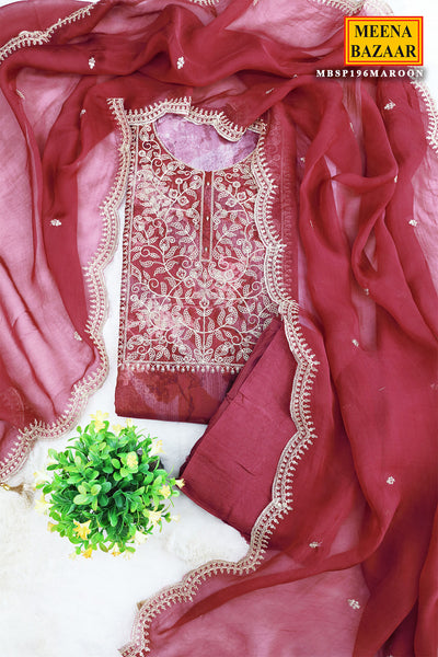 Maroon Silk Floral Zari Embroidered Unstitched Suit