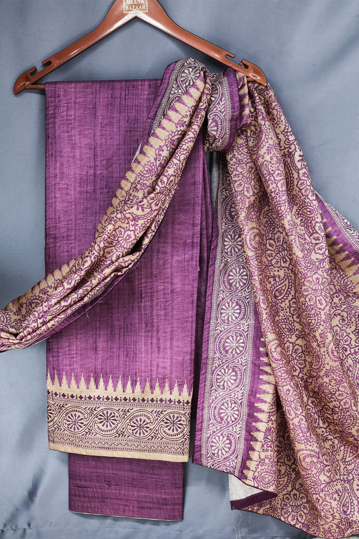 Purple Tussar Silk Embroidered Threadwork Unstitched Suit Set