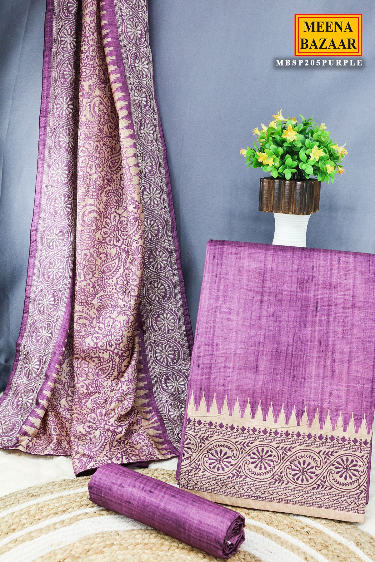 Purple Tussar Silk Embroidered Threadwork Unstitched Suit Set