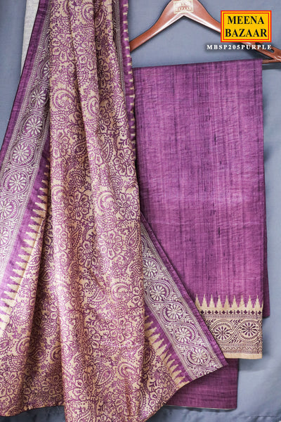 Purple Tussar Silk Embroidered Threadwork Unstitched Suit Set