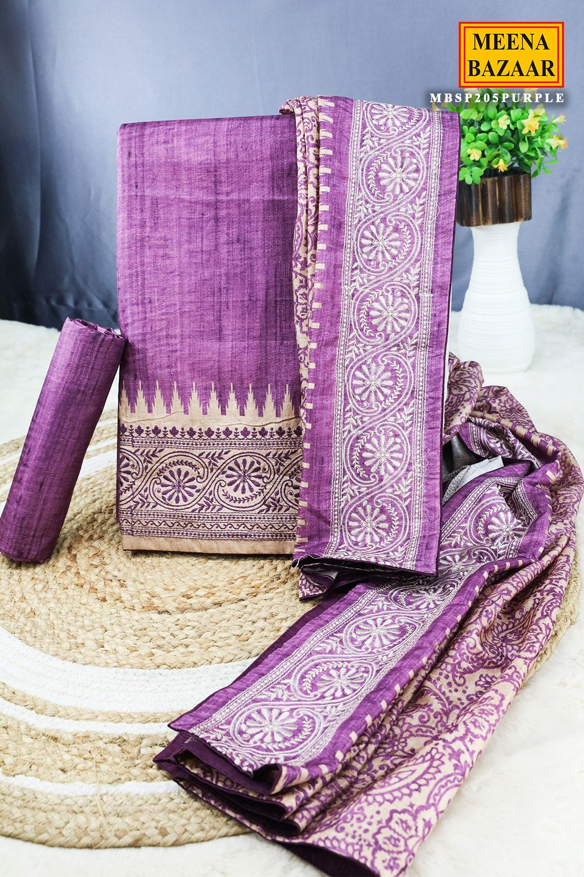 Purple Tussar Silk Embroidered Threadwork Unstitched Suit Set