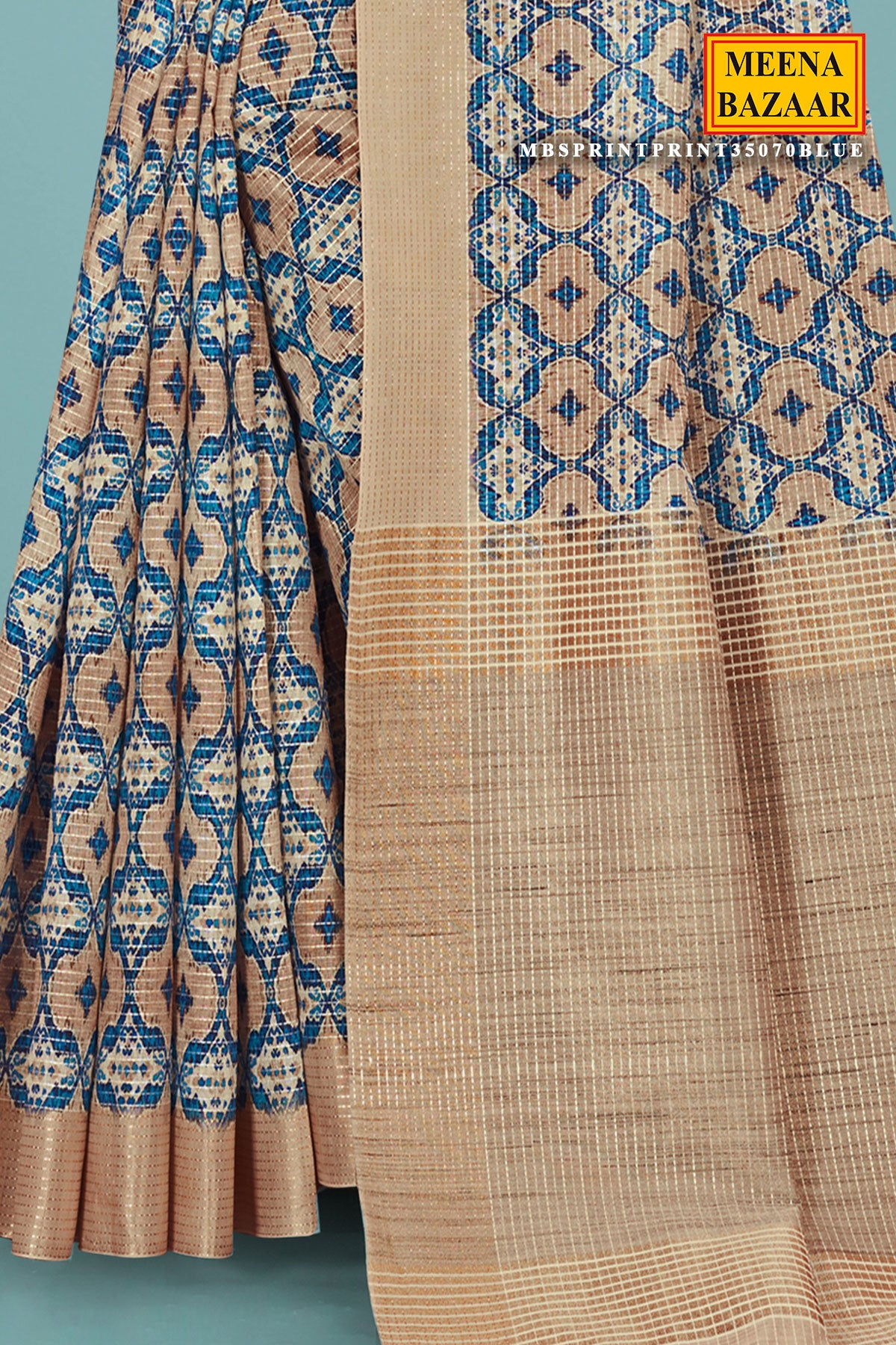 Blue Cotton Zari Woven Border Printed Saree