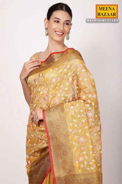 Mustard Cotton Floral Thread Embroidered Saree